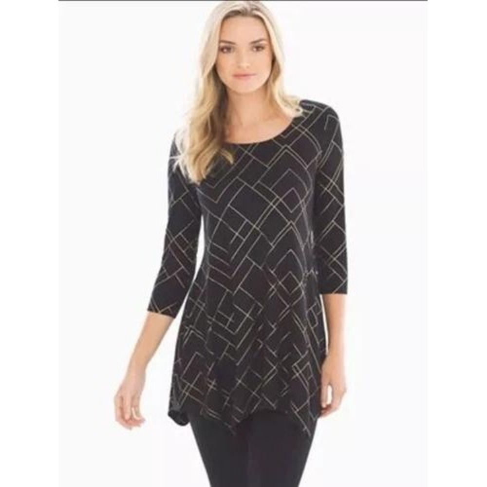 Soma Womens Small Black Gold Geometric Print Sharkbite Hem 3/4 Sleeve Tunic Top